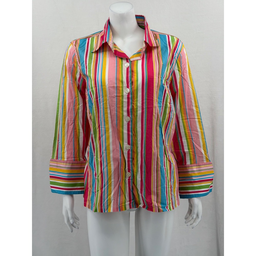 Izod Top Womens 1X Pink Stripe Button Up Colorful Casual Summer Cotton Retro